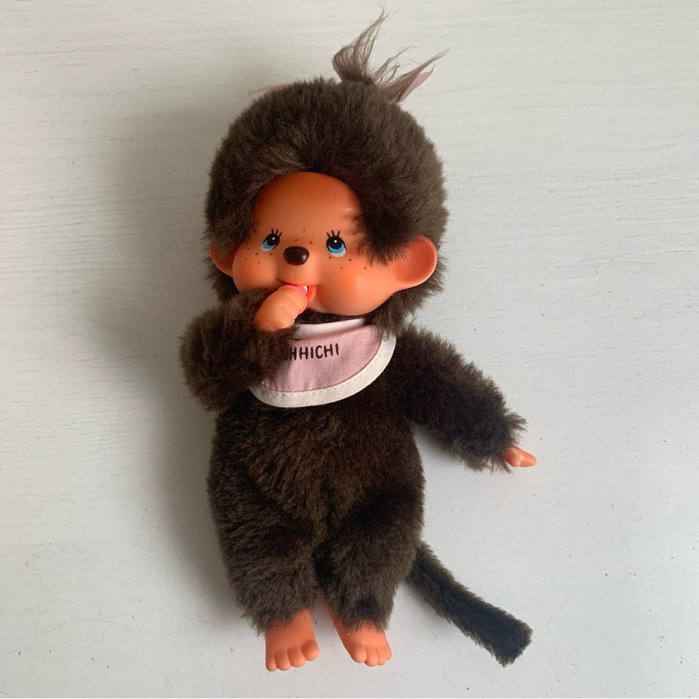 Vintage Monchhichi Sekiguchi 8” Girl Monkey Plush Blue Eyes Pink Bib